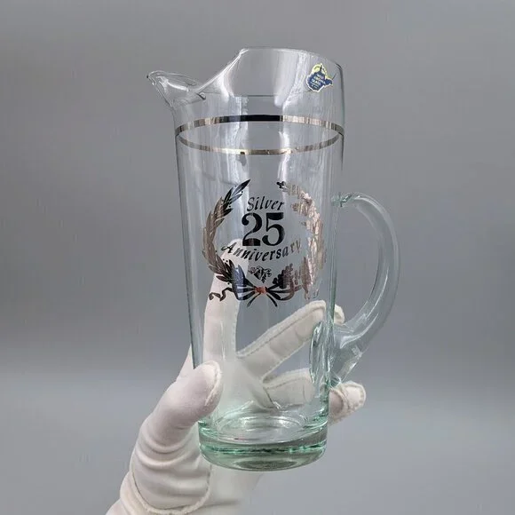 Vintage West Virginia Glass 25th Silver Anniversary Pitcher | Silver Oak Wreath