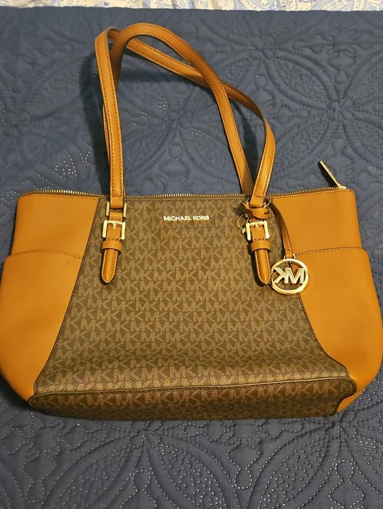 Michael Kors Brown & Tan MK Logo Tote with Gold Accent