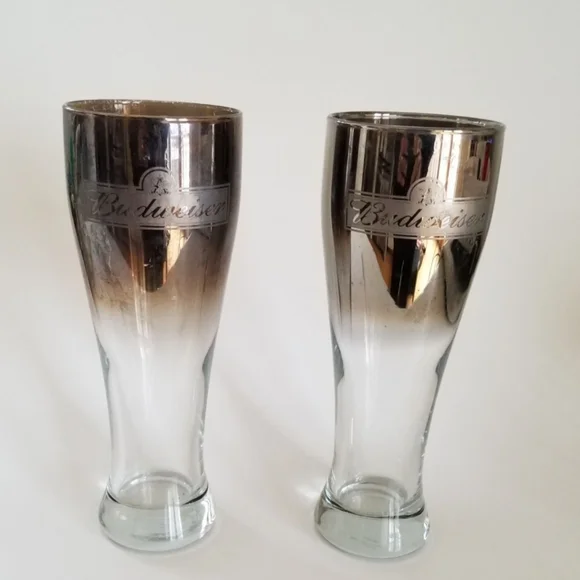 2‎ Vintage Budweiser Silver Fade Pilsner Beer Glasses Anheiser Busch Retro MCM