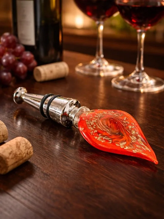 Murano Style Art Glass Wine Bottle Stopper | Red Gold Aventurine | Bar Accessory