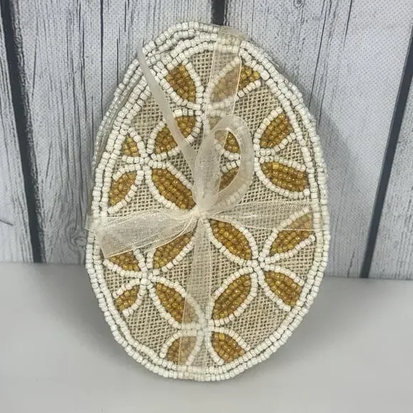 Pier 1 Imports Easter Beaded Egg Yellow White Daisy Coaster Set of 4 NWT