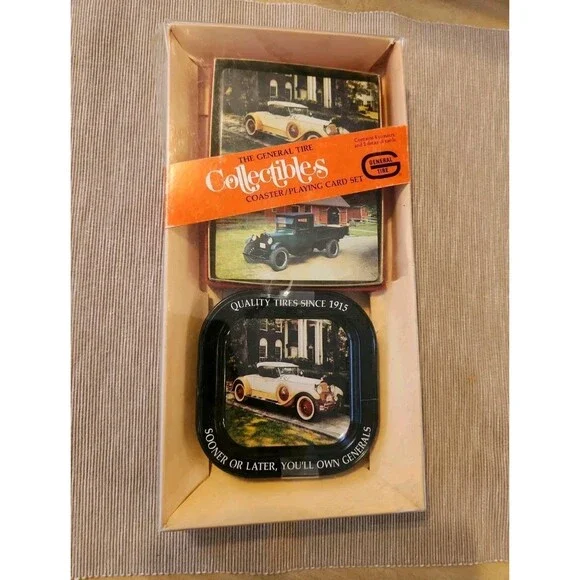 Vintage General Tire Cars Collectibles Coaster (4) & 2 Playing Card Set Sealed