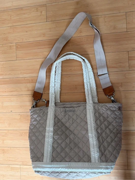 Light Taupe Quilted Tote Bag with Cream Trim