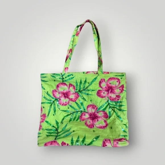 Hibiscus Floral Tote Bag Green Pink Sequin Tropical Beach Island Vacation Resort
