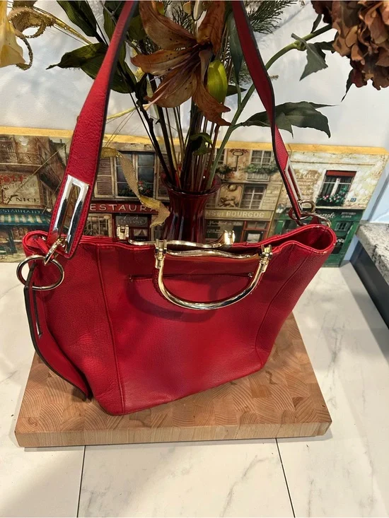 Red Leather Tote Bag with Gold Hardware - Brand Unspecified