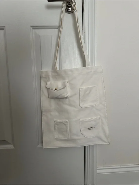 CHANEL White Canvas Pocket Tote Bag