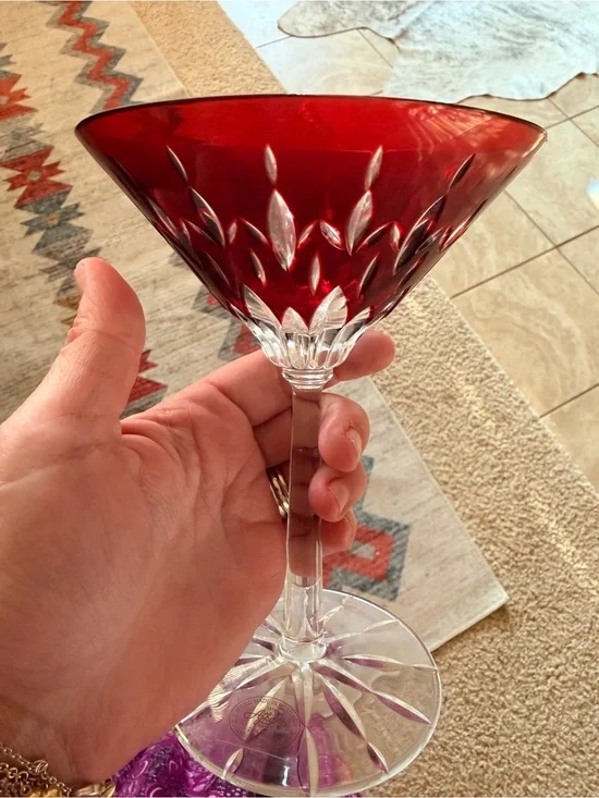 Red Cut Diamond Waterford Lismore Martini Glass with a sticker