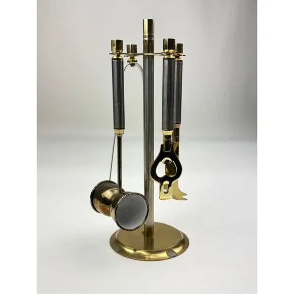 Vintage MCM Style Metal Brass & Silver Tone Bar Mixer Tool Set w/ Stand 5pc AX26