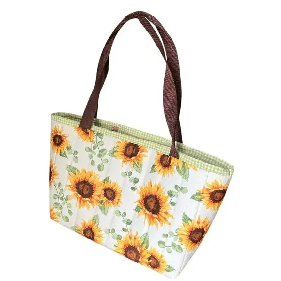 Sunflower Quilted Handmade Womens Tote Handbag White Gingham Green Yellow
