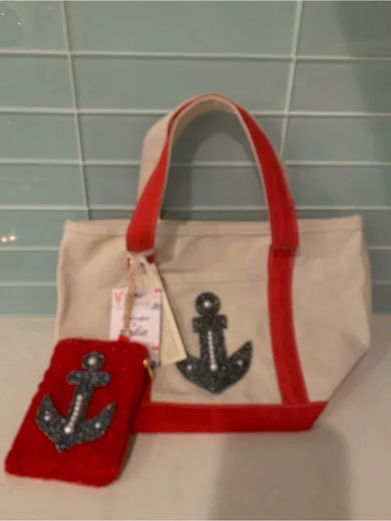 Small Canvas Tote Beaded Nautical Anchor Red Trim and Beaded Chain Pouch NWT