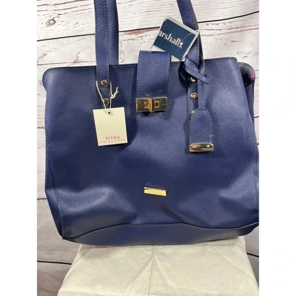 Trina Turk‎ Navy Saffiano Leather Tote Bag Floral Interior Gold Hardware