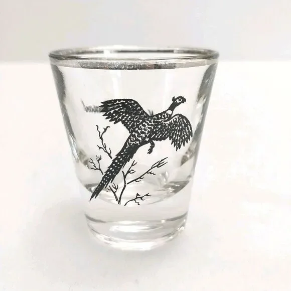 Vintage Federal Glass Shot lass Long Neck Pheasant Print Silver Rim #K004