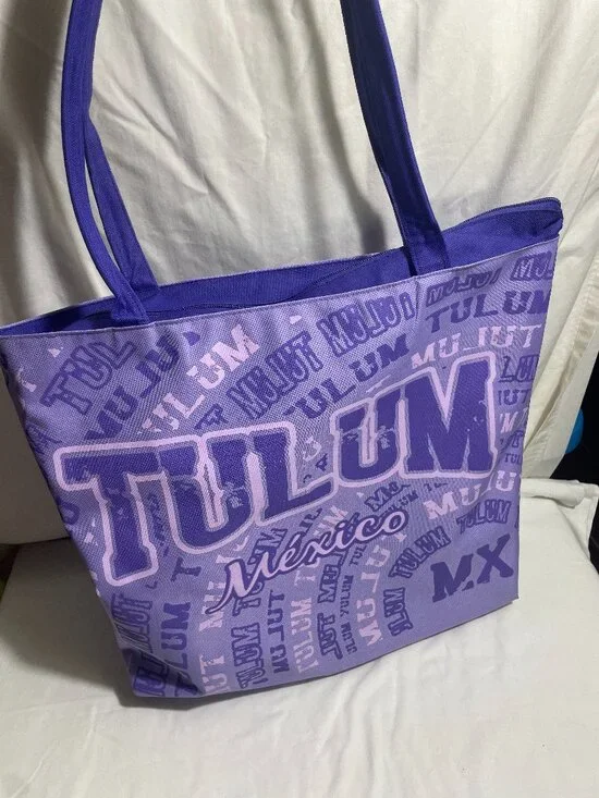 Tulum Mexico Purple Zipper Tote Bag Travel Beach Shopping Souvenir Polyester