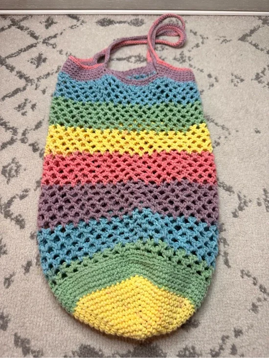 Handmade Crochet Pastel Rainbow Stripes  Beachy Grocery Tote Bag