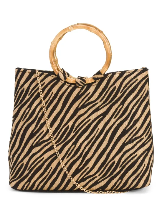 Zebra-Print Tote with Bamboo Ring Handles - Beige & Black