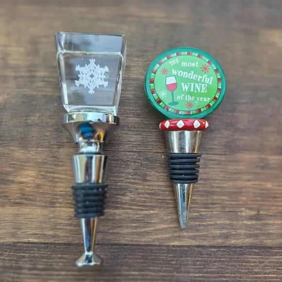 Set of 2 Christmas Wine Bottle Stoppers Snowflake Wonderful Wine Bar Decor