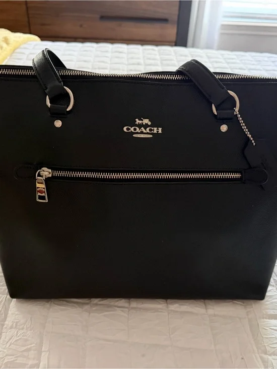Coach Black Leather Tote with Silver Hardware