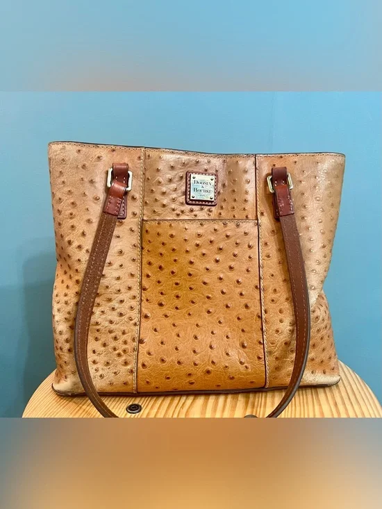 Vintage Dooney & Bourke Ostrich Embossed Leather Tote Shoulder Bag British Tan