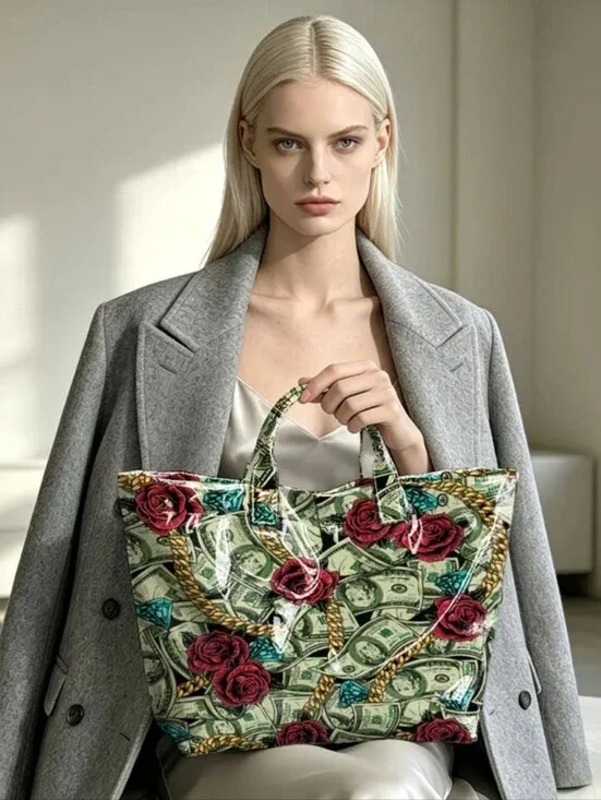 Money And Rose Dollar Sign Tote Shoulder Bag PVC