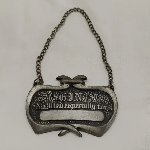 Bacchus Pewter GIN Decanter Alcohol Bottle Engraveable Chain Label Tag USA