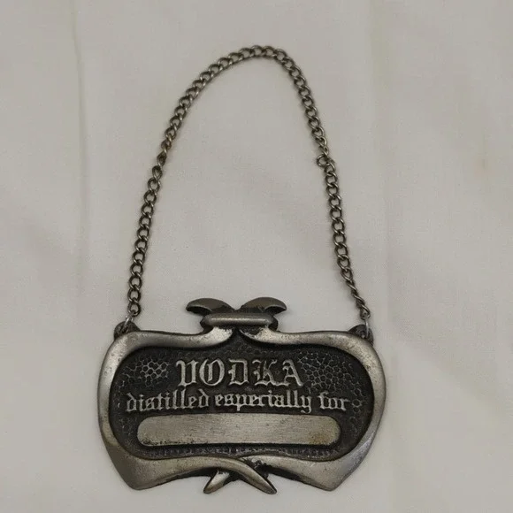 Bacchus Pewter USA VODKA Decanter Alcohol Bottle Engraveable Chain Label Tag