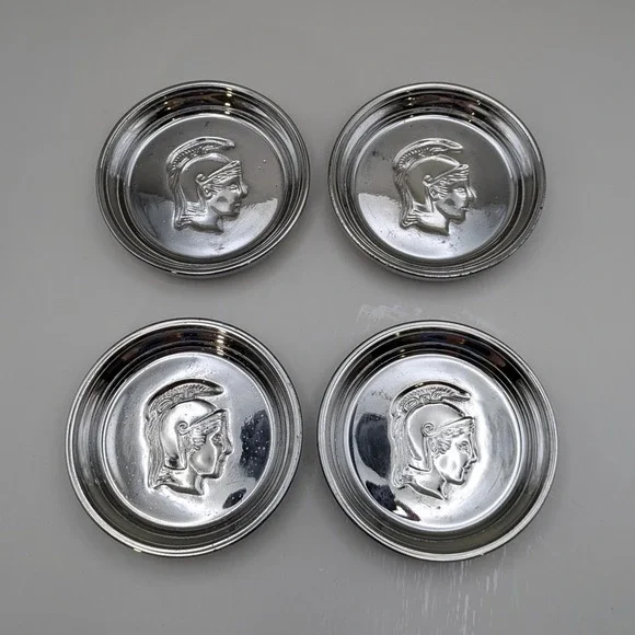 Vintage Chrome Trojan Spartan Warrior Head MCM Mercury Glass Coasters Set of 4