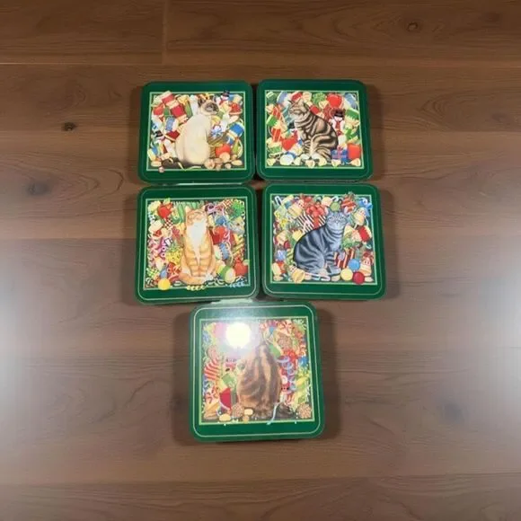 Set of 5 Pimpernel Christmas Cat Coaster Collection Cork Back Siamese Tabby B12