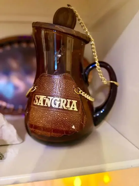 Vintage Spanish Amber Glass Sangria Pitcher Wooden Lid Chain