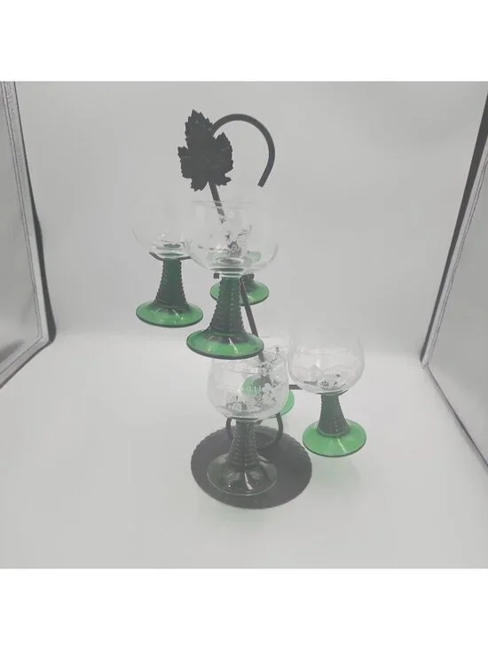 Vintage Luminarc France Etched Grapevine Ribbed Green Stem Wine Glasses 6 Stand