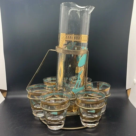 Vintage 60’s Fred Press Trojan Horse 22k Gold Turquoise  8 Pc MCM Barware Set