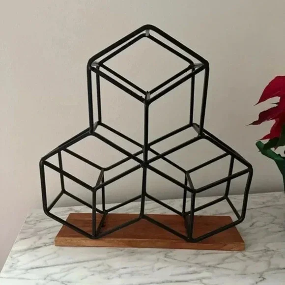 Wooden and metal bottle holder holds 9 bottles geometric shaped NWOT