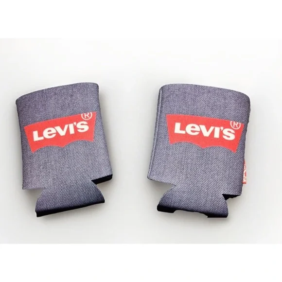 Levis Denim Print Neoprene Can Cooler Koozie Set of 2 Red Batwing Logo Two Horse