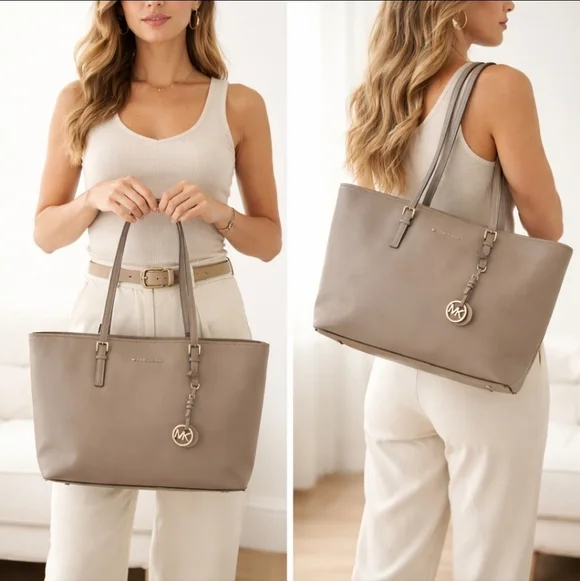 Michael Kors Jet Set Travel Tote Shoulder Bag Taupe Saffiano Leather Work Bag