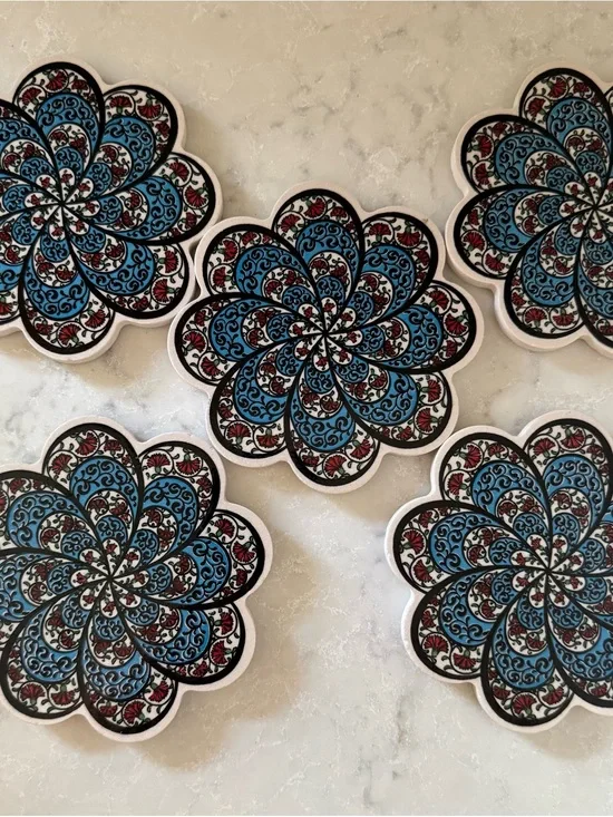 Set of 5 Turkish Floral Tile Coasters in Blue, Black & White Red Accents
