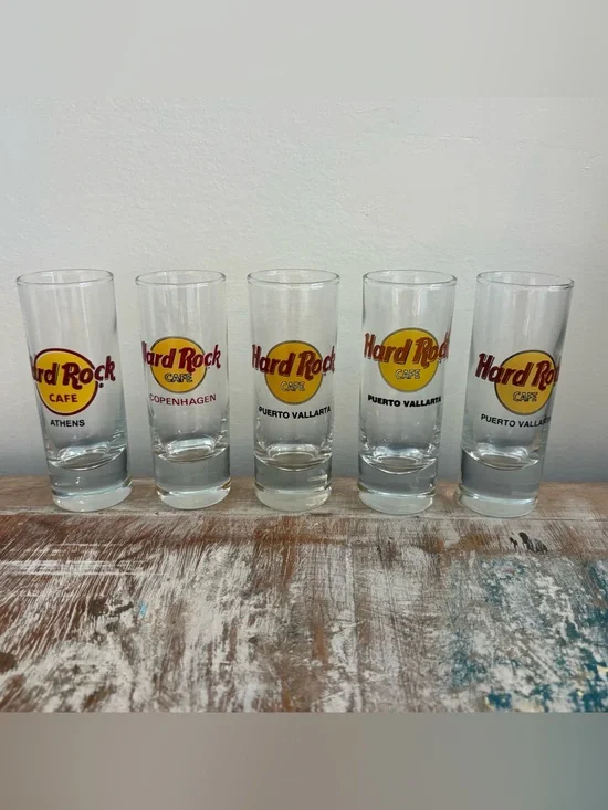Lot of 5 HARD ROCK CAFE Shot Glasses (Athens, Copenhagen, Puerto Vallarta)