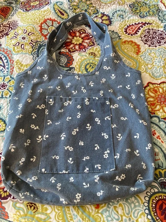 Blue Floral Canvas Tote with Front Pocket