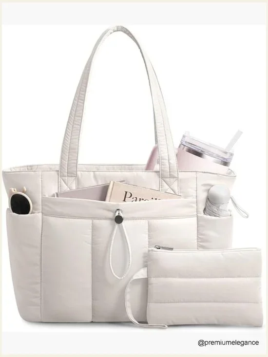 Puffy Tote Bag with Cup Holder Laptop Compartment Trolley Sleeve Work Travel