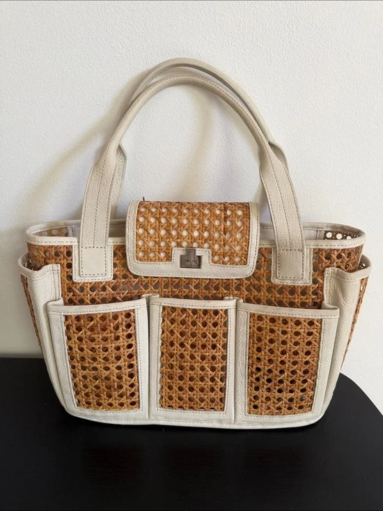 Woven Rattan Tote with Cream Leather Trim
