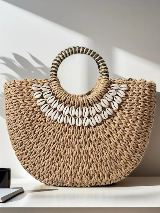 Natural Straw Tote Bag with Shell Accent