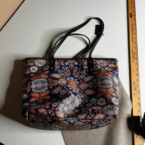 Coach Kaleidoscope Floral Print Zip Top Tote Navy Crossgrain Leather F11823
