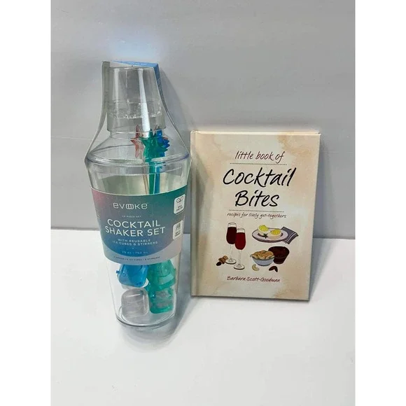 Cocktail Shaker Set w Reusable‎ Ice Cubes & Cocktail Recipe Book Gift Bundle