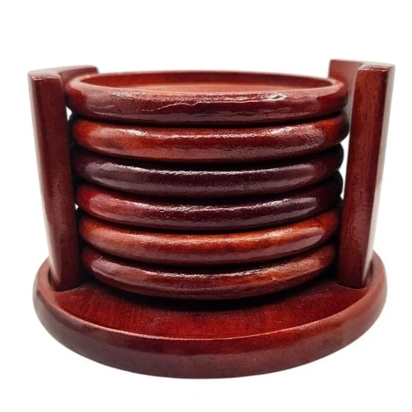 Kamenstein Wood‎ Coaster Set of 6 with Holder Red Brown Concentric Ring Design