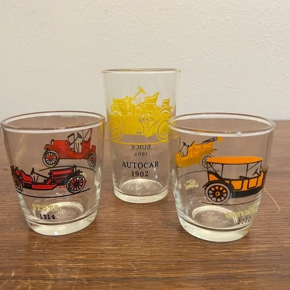 Set of 3 Vintage Libbey Classic Car Glasses Chevrolet, Stutz Mid-Century Barware