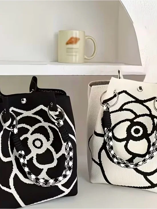 Black & White Floral Tote Bag with Braided Handles