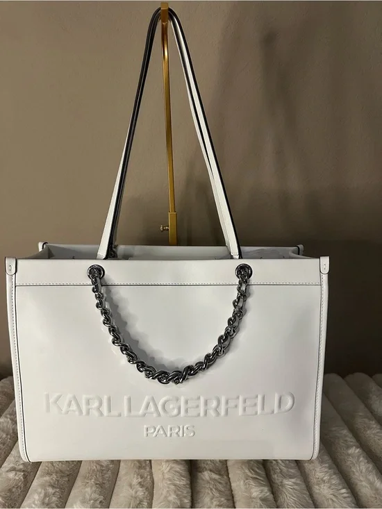 Karl Lagerfeld White Embossed Logo Tote with Silver Chain. NWT