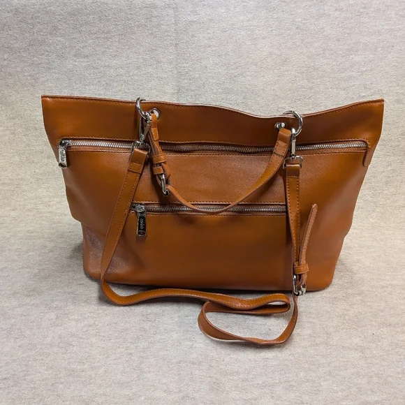 Co-Lab Cognac Leather TOTE Messenger Crossbody Bag Purse Detachable Straps Mid