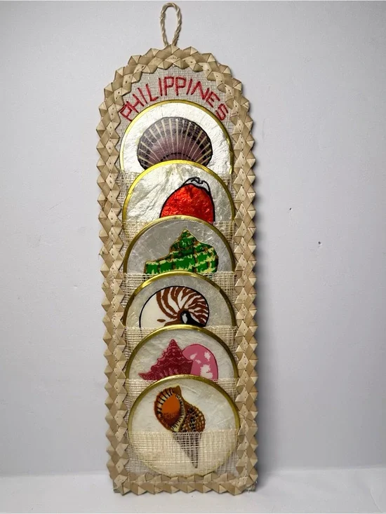 VTG ‘70s Philippines Hand Painted Brass Trim Tiki Bar Coastal Decor COASTER Set