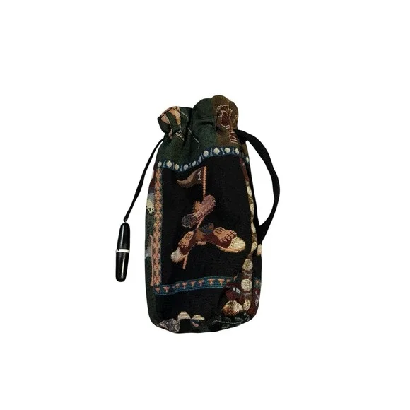 Vintage Golf Tapestry Wine Bottle Bag with Integrated Corkscrew Drawstring Black