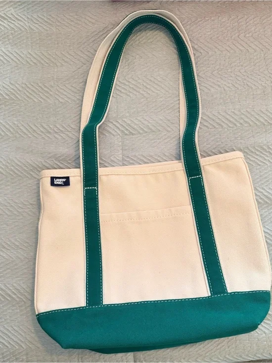 Lands' End Cream Canvas Tote with Green Trim and Base