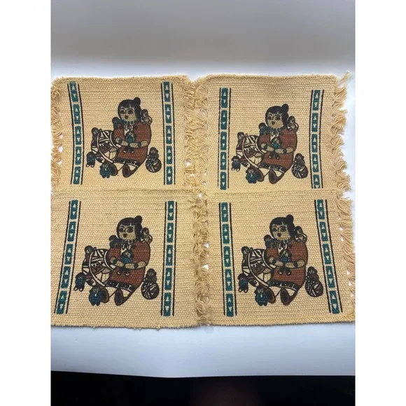 Vintage Woven Southwestern Coasters Set of 4 Fringe Indigenous Pottery Motif Tan